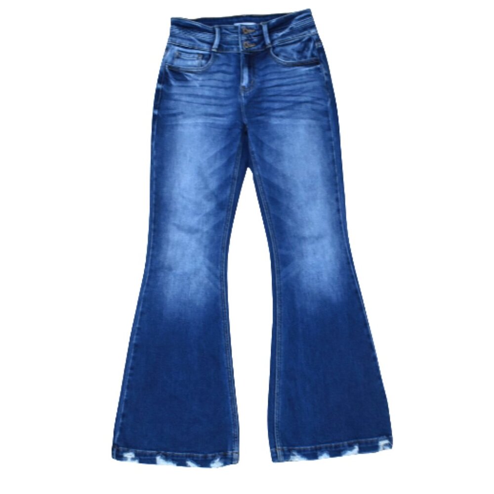KanCan Dark Blue High-Waist Flare Jeans with Frayed Hem - Picture 3 of 15